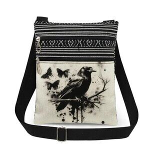Fall/Halloween Woman Crossbody lightweight soft Canvas Bag. Raven/Butterfly. New